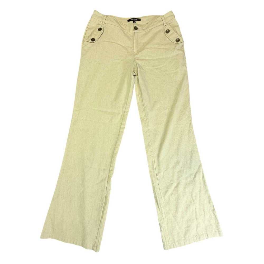 New‎ Look Pants Women Medium Yellow 100% Linen Wide Leg Sailor Button High Rise